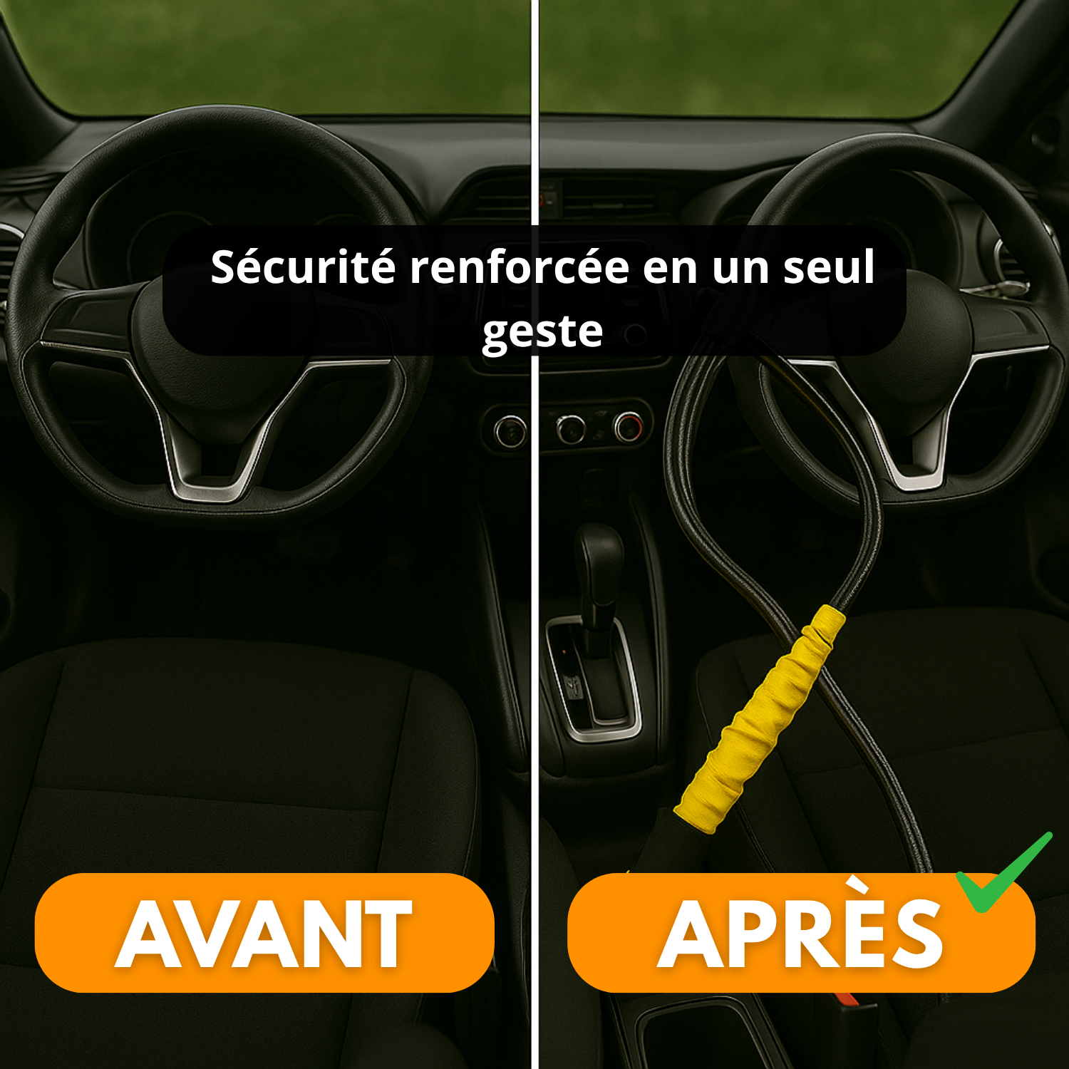 Bloccasterzo e cintura di sicurezza per auto – Cavo in acciaio rinforzato + 3 chiavi – Sicurezza per SUV, camion, auto