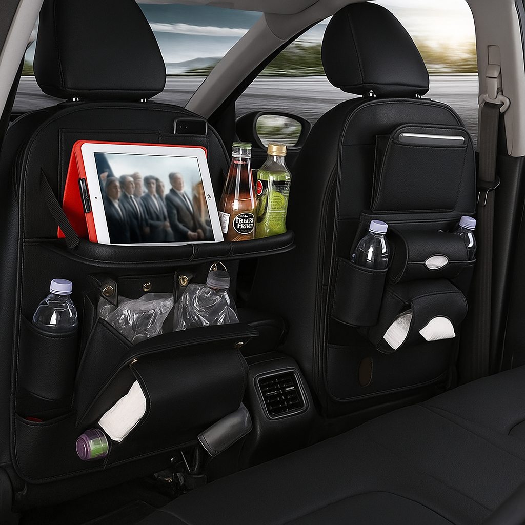 Organizer per seggiolino auto in pelle PU di alta qualità con tavolo pieghevole