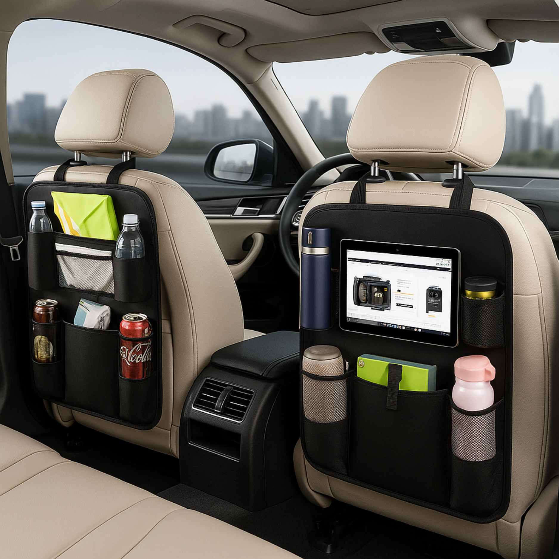 Organizer per sedile posteriore auto (set da 2) – Multi-tasche, protezione per schienale e poggiapiedi – Nero