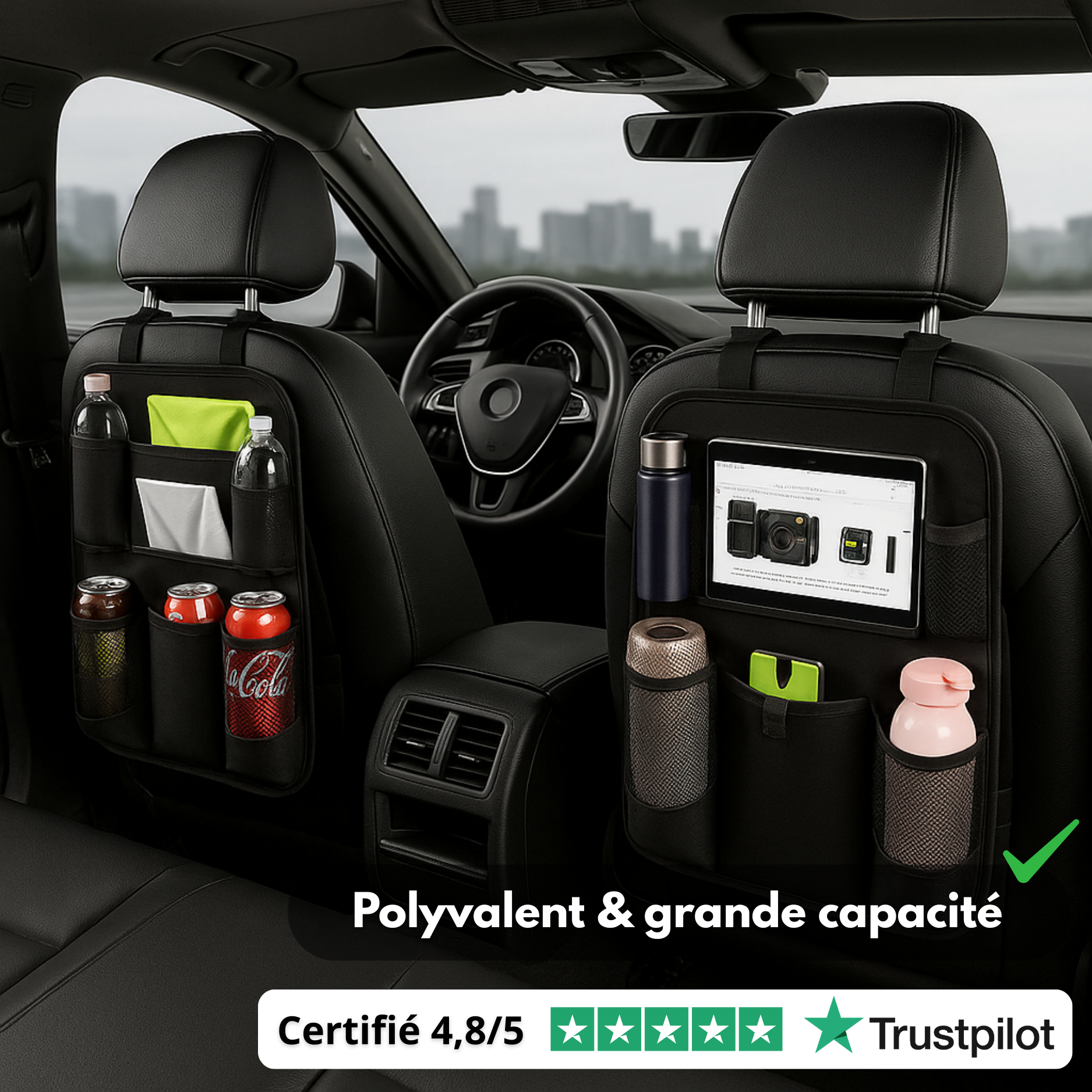 Organizer per sedile posteriore auto (set da 2) – Multi-tasche, protezione per schienale e poggiapiedi – Nero