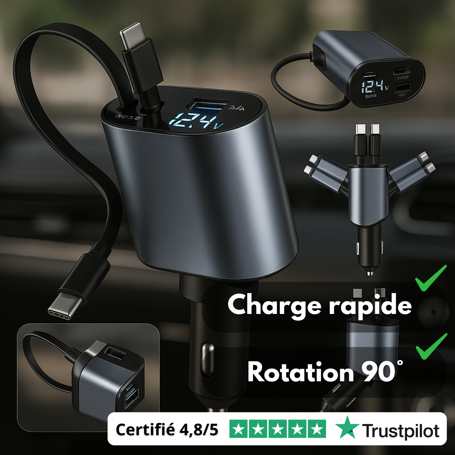 Caricabatterie da auto retrattile 4 in 1 con schermo LED – Compatibile con tutti i telefoni dal 2010