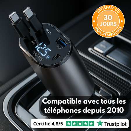 Caricabatterie da auto retrattile 4 in 1 con schermo LED – Compatibile con tutti i telefoni dal 2010