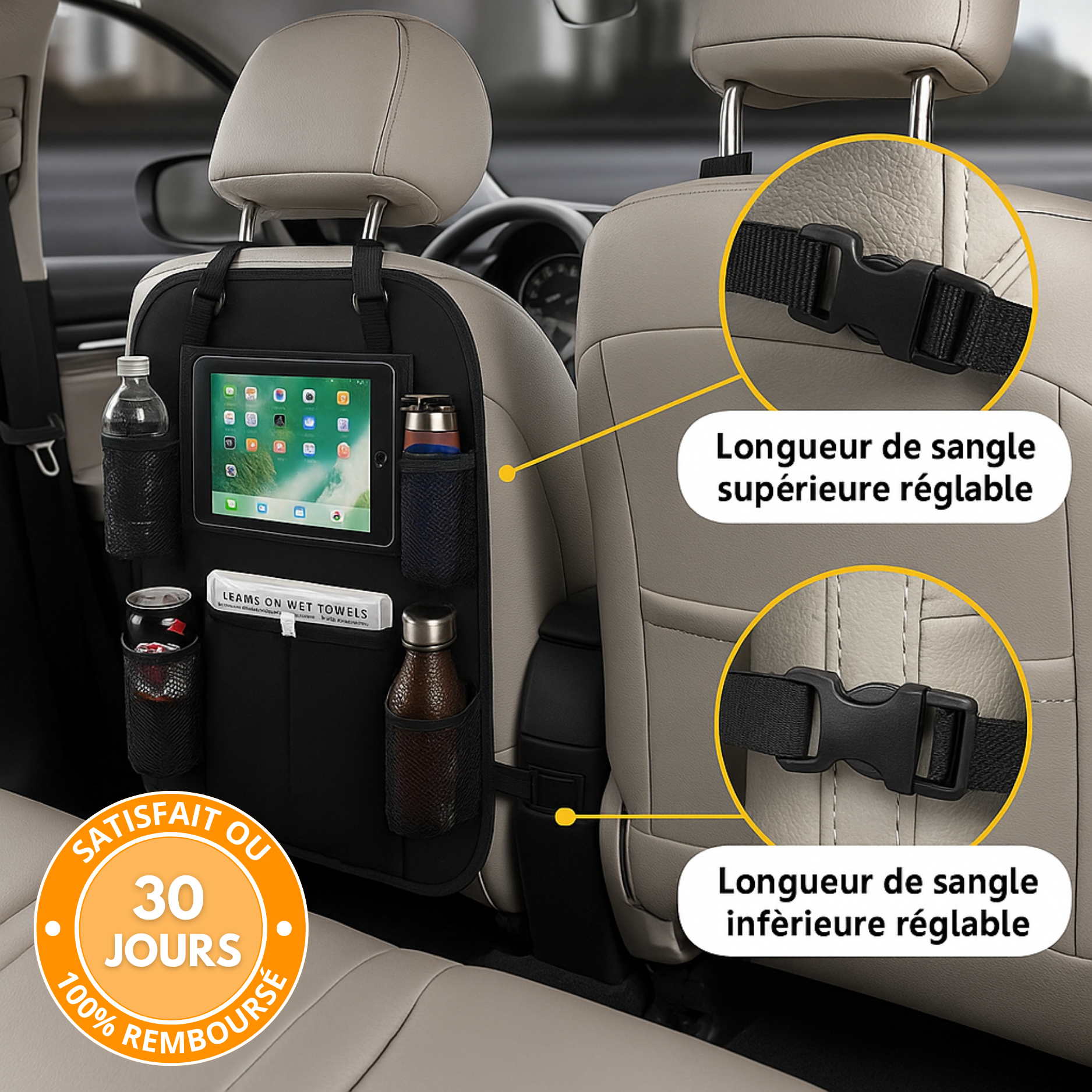 Organizer per sedile posteriore auto (set da 2) – Multi-tasche, protezione per schienale e poggiapiedi – Nero