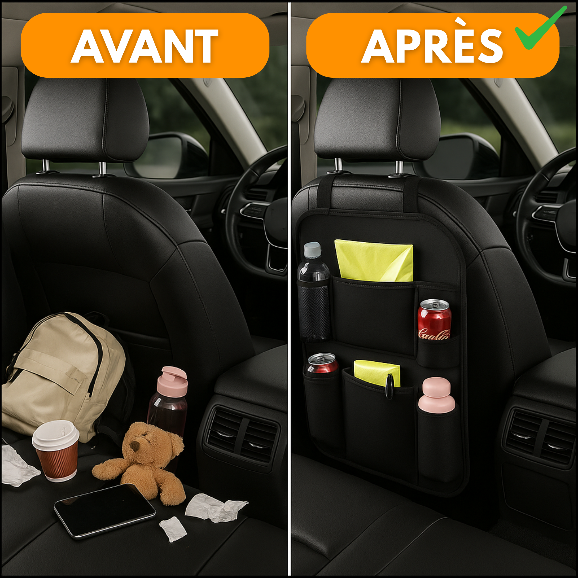 Organizer per sedile posteriore auto (set da 2) – Multi-tasche, protezione per schienale e poggiapiedi – Nero