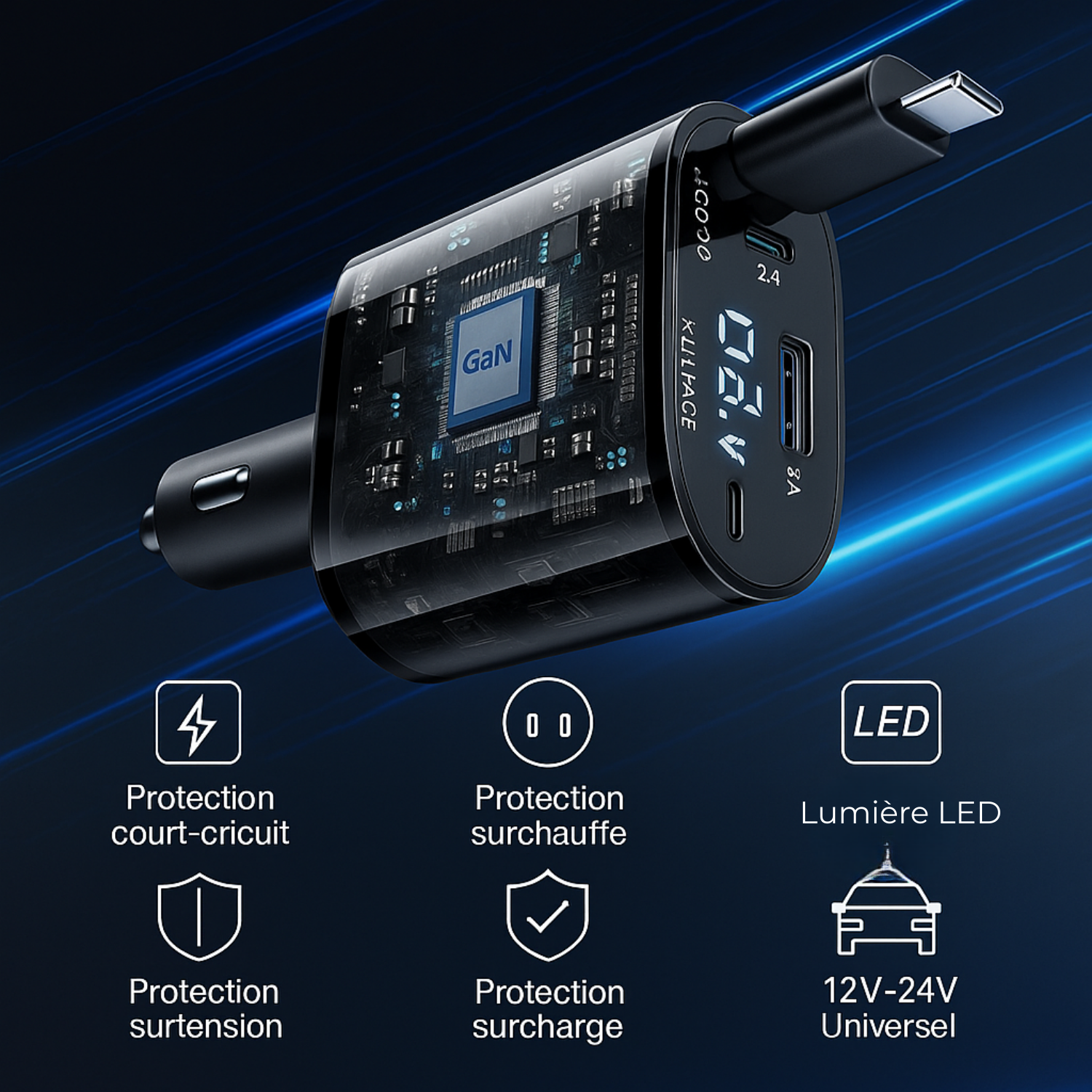 Caricabatterie da auto retrattile 4 in 1 con schermo LED – Compatibile con tutti i telefoni dal 2010