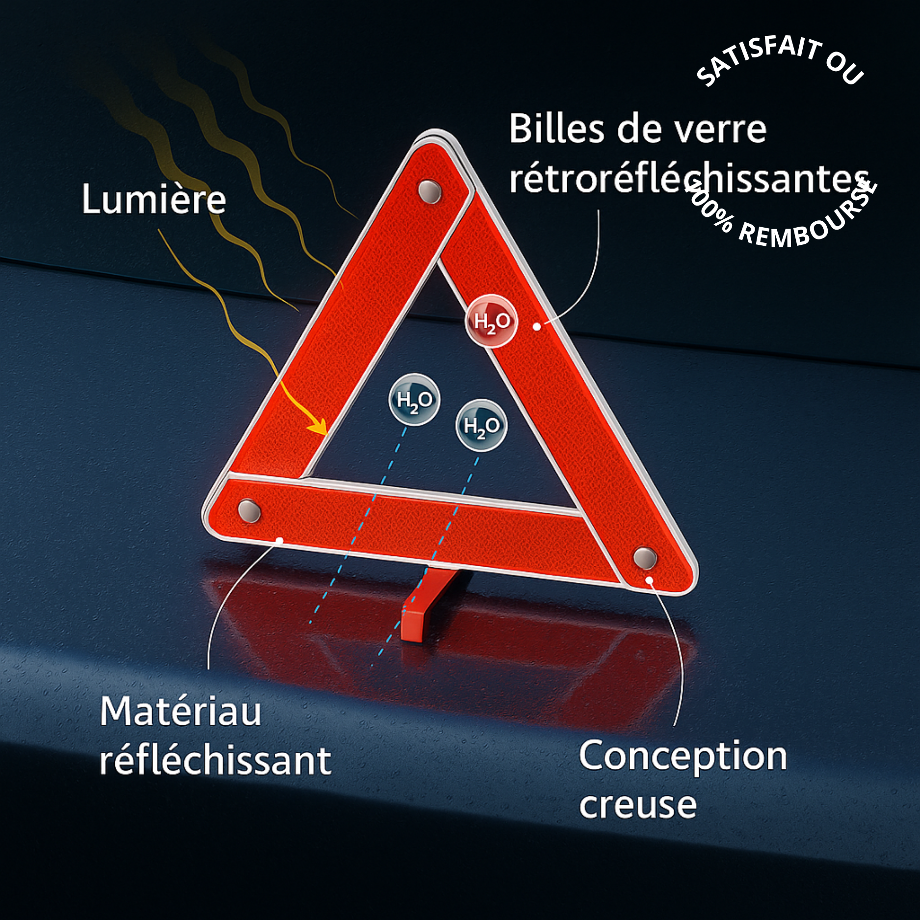 Segnale di emergenza riflettente per auto – Triangolare, pieghevole, 30x30 cm
