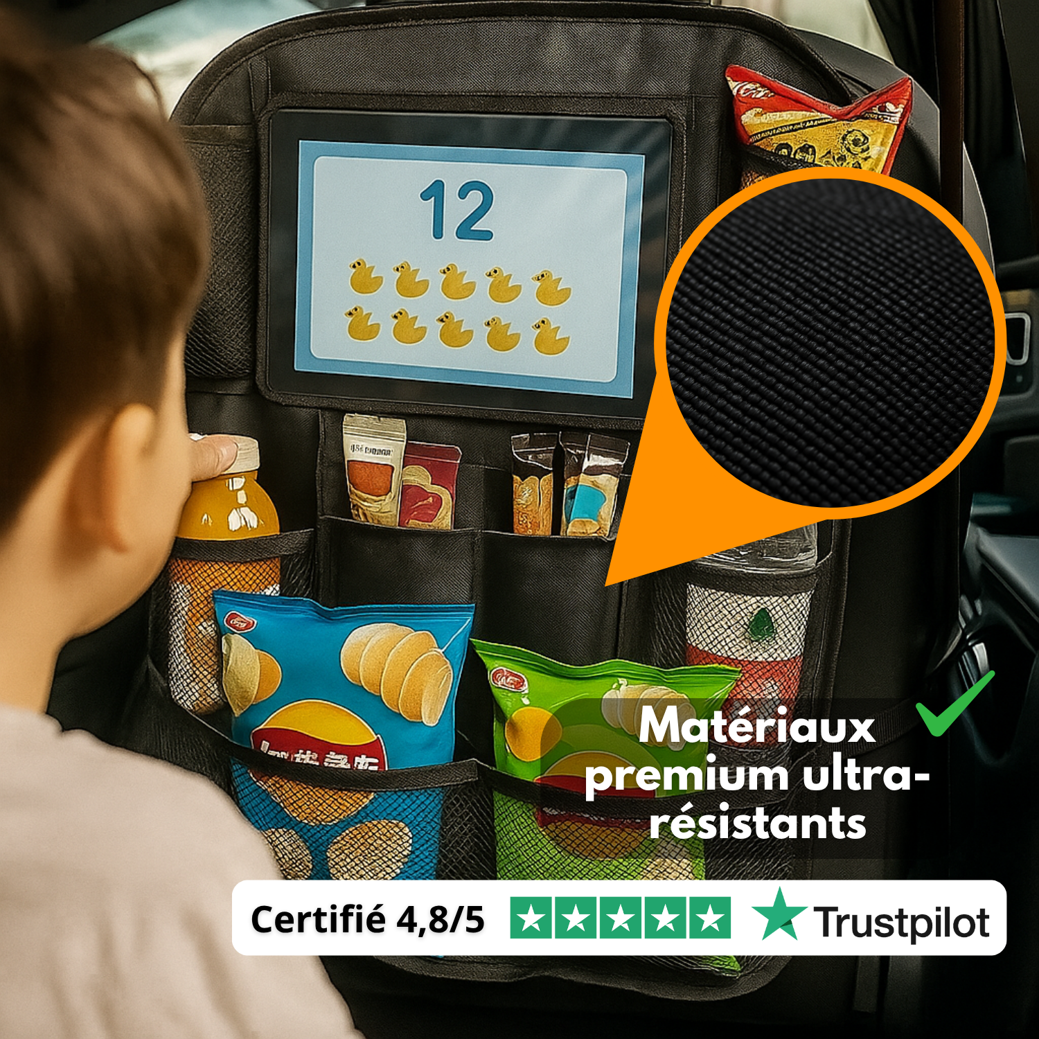 Organizer per sedile posteriore auto (set da 2) – Multi-tasche, protezione per schienale e poggiapiedi – Nero