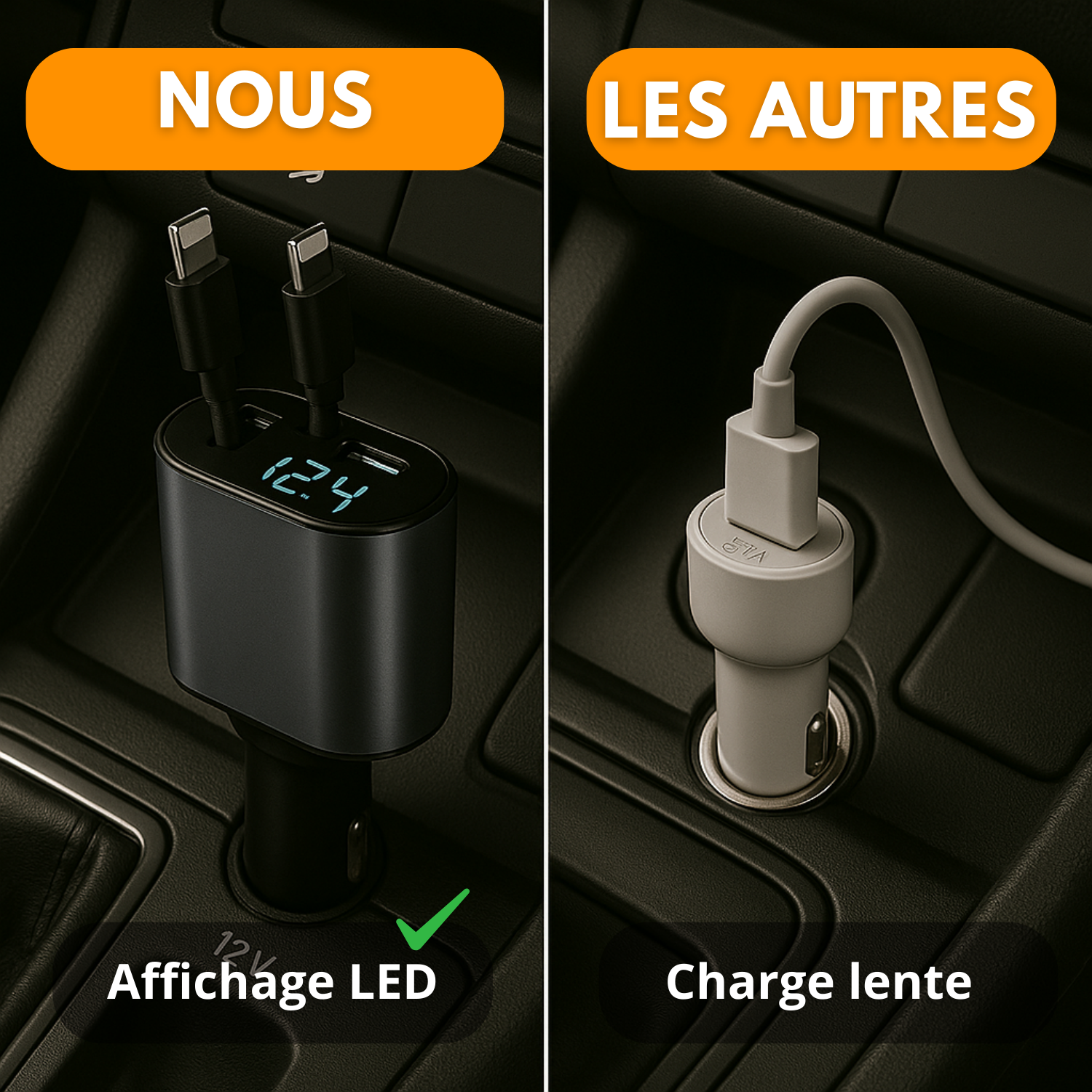 Caricabatterie da auto retrattile 4 in 1 con schermo LED – Compatibile con tutti i telefoni dal 2010