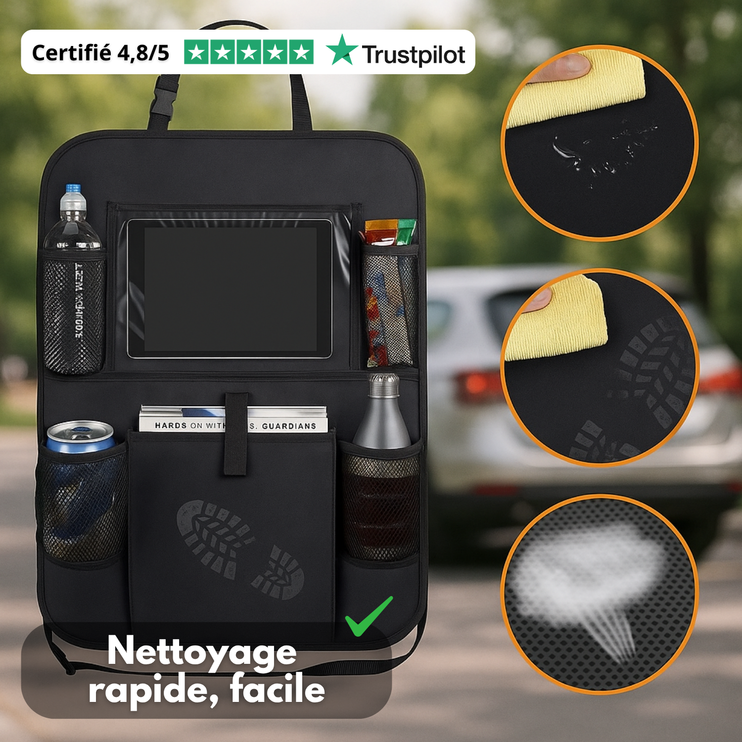 Organizer per sedile posteriore auto (set da 2) – Multi-tasche, protezione per schienale e poggiapiedi – Nero