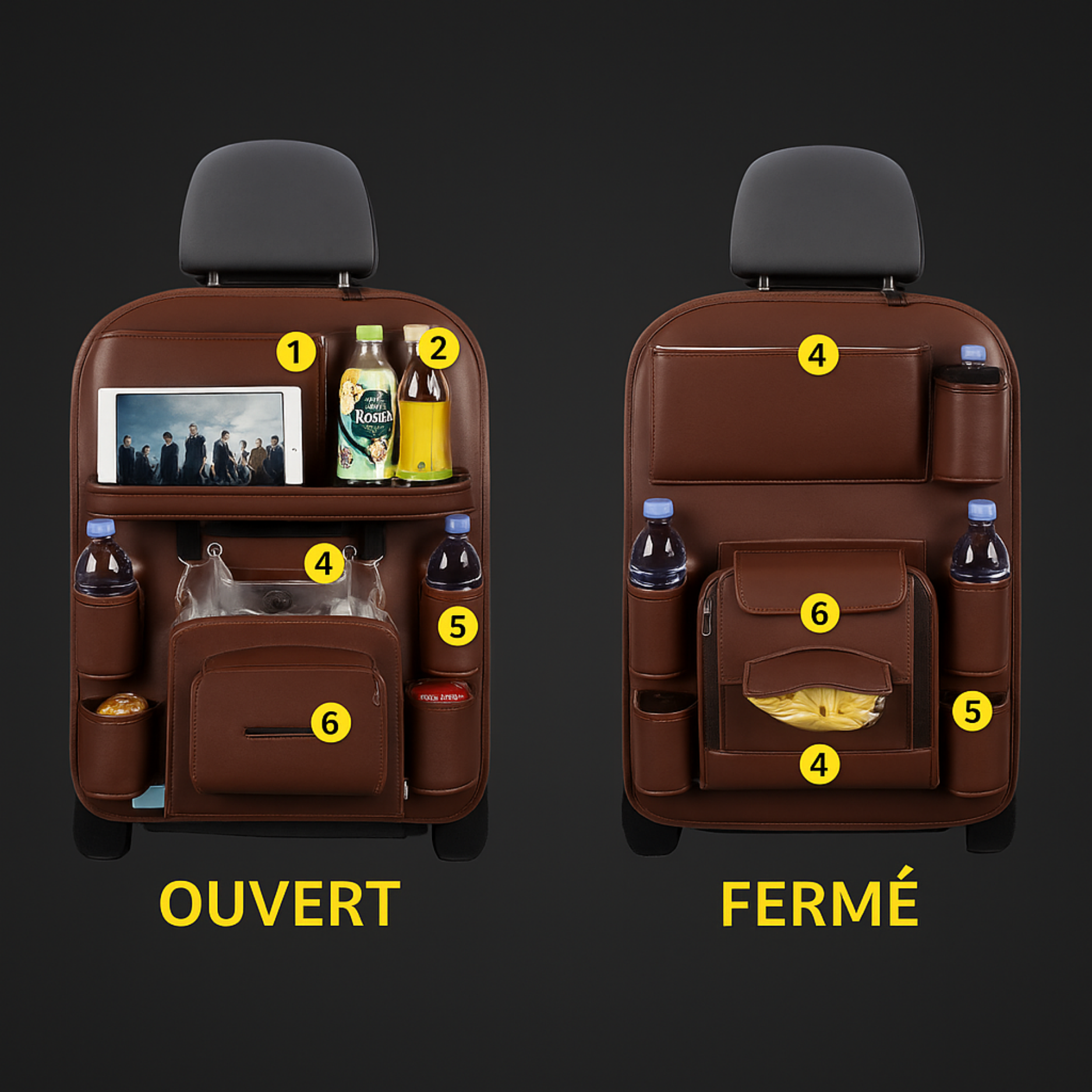 Organizer per seggiolino auto in pelle PU di alta qualità con tavolo pieghevole