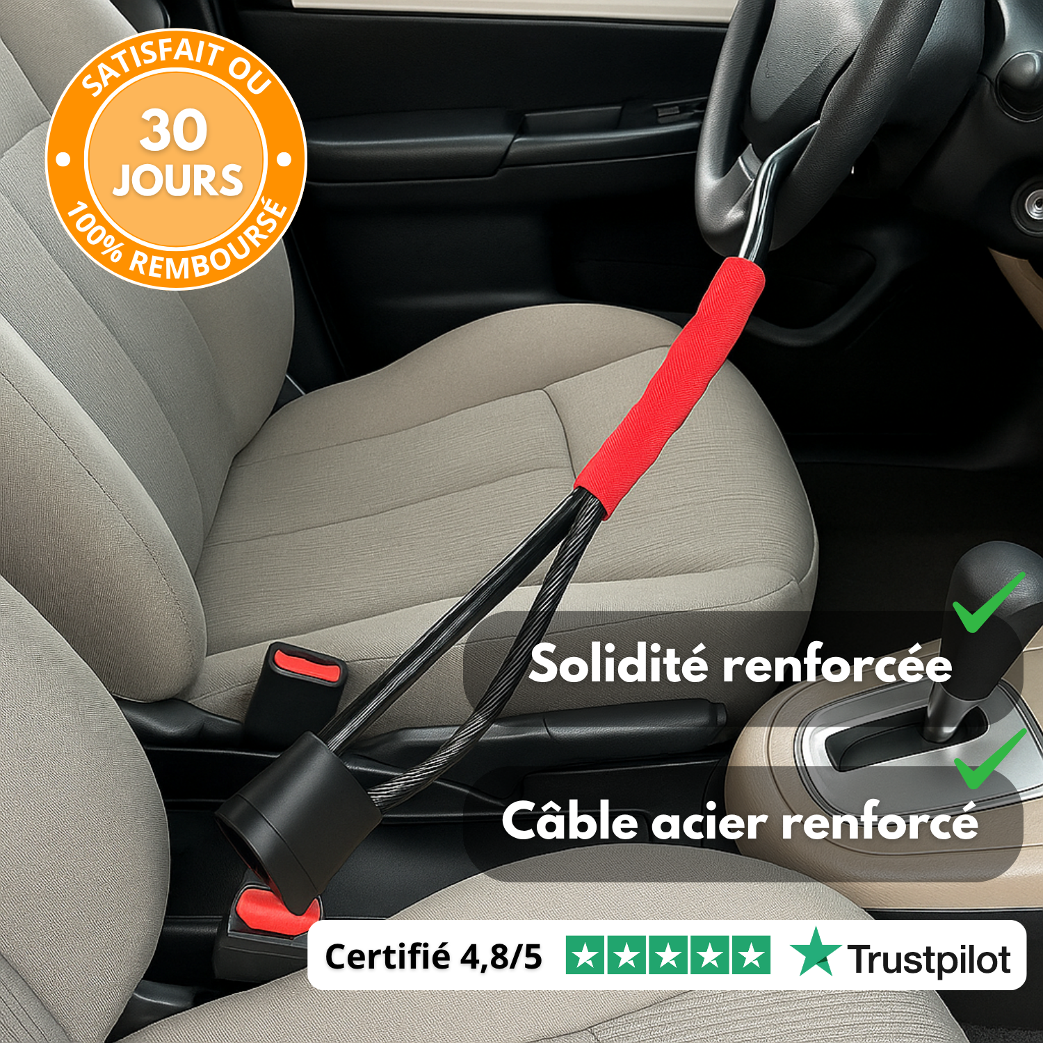 Bloccasterzo e cintura di sicurezza per auto – Cavo in acciaio rinforzato + 3 chiavi – Sicurezza per SUV, camion, auto