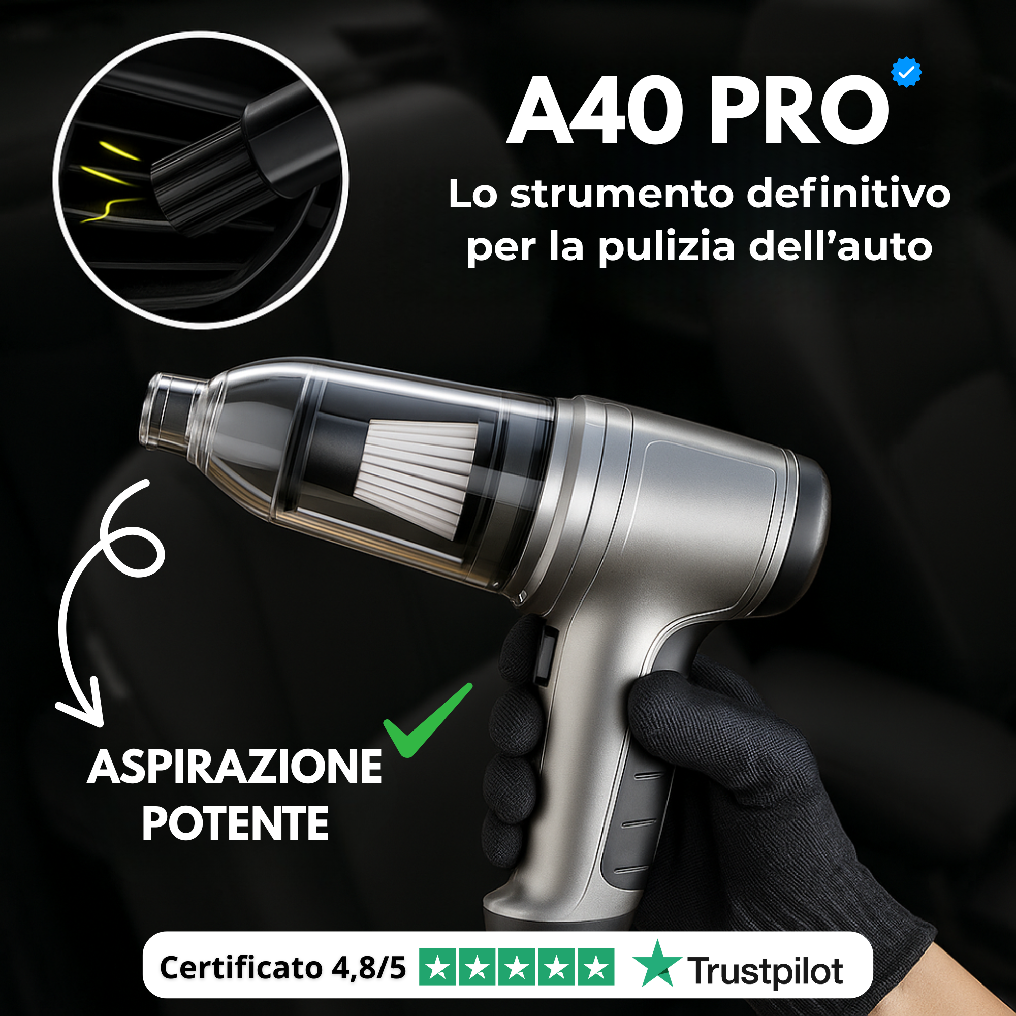 Aspirapolvere A90 PRO per auto senza fili potente – Compatto, leggero e ricaricabile