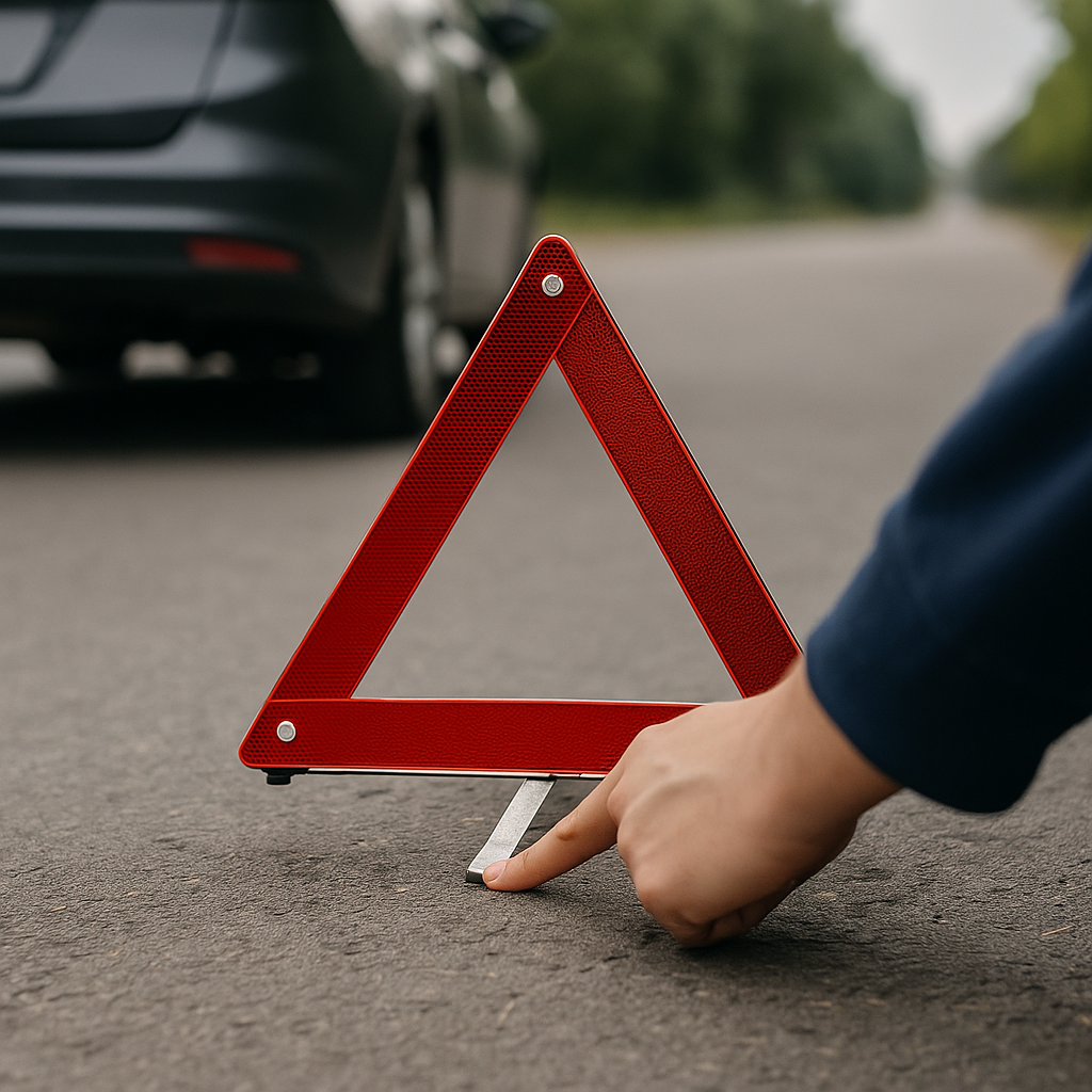 Segnale di emergenza riflettente per auto – Triangolare, pieghevole, 30x30 cm